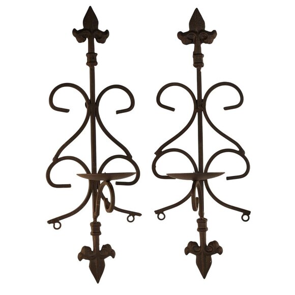 Wrought Iron Fleur-De-Lis Wall Sconces Set Of 2 Candle Holders Decorative Accent - Picture 1 of 8